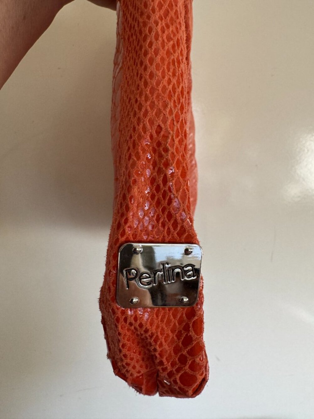 Perlina Croc Embossed Leather Oversize Clutch Bag Orange - Picture 3 of 10